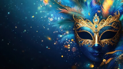 Brazilian Carnival Mask with Feathers and Sparkles on Dark Blue Background with Copy Space