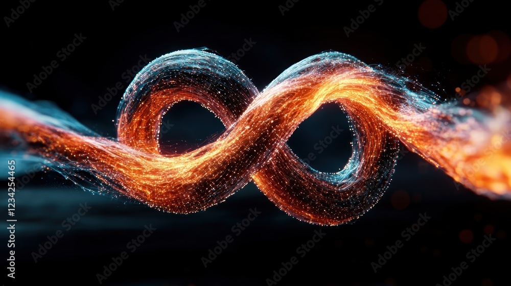 Poster abstract representation of infinity symbol with fiery energy and glowing particles
