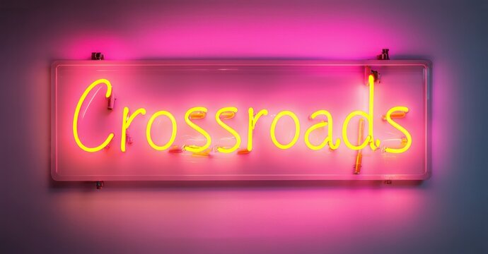 Glowing neon sign with vibrant yellow outline displaying Crossroads in illuminated letters mounted on transparent panel symbolizing decision, direction, change, and opportunity