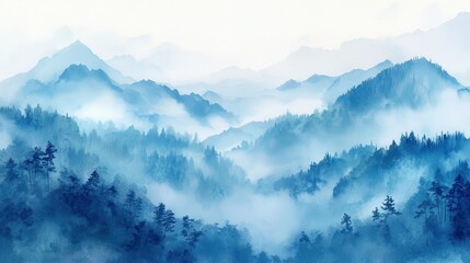 Watercolor of landscape forest misty mountains horizon and fog and hills,pine tree fir tree,Autumn forest background,drawn by hand,Autumn illustration design elements for landscape,wallpaper.