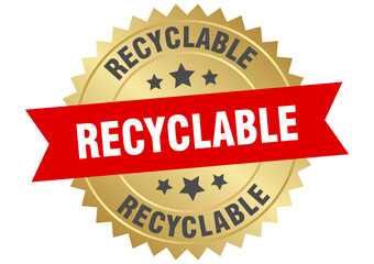 Obraz premium recyclable. recyclable round red and gold label isolated on transparent background