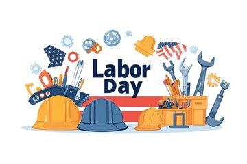 Engaging in the shared excitement of national Labor Day. Side view of american flag, set of tools, safety helmet, work gloves on wooden brown background with empty space for promo or text
