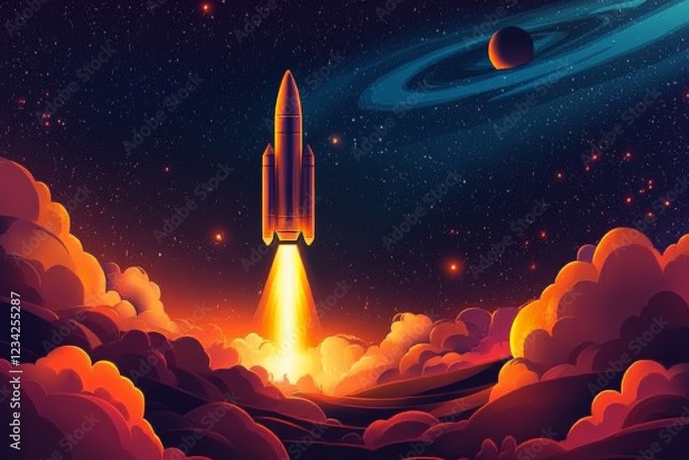 Poster rocket launches into the cosmos with vibrant colors and distant planets in the background