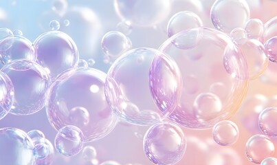 Pastel iridescent bubbles floating, dreamy background, abstract design, perfect for cosmetics