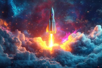 Rocket launches into vibrant cosmic clouds, illuminating the night sky with brilliant flames