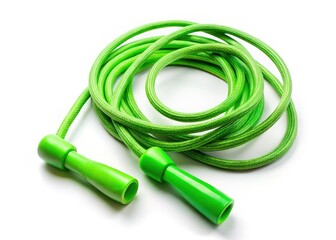 A vibrant green jump rope, frozen mid-leap against a stark white background, embodies fitness and an active lifestyle.
