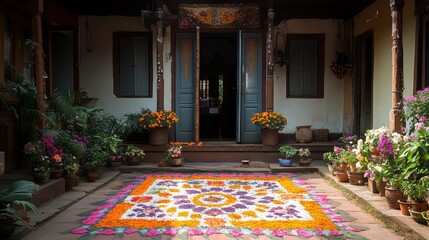 Traditional Indian home with colorful rangoli and vibrant flowers