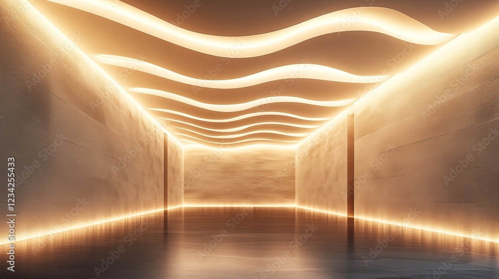 Poster a long hallway illuminated by soft ceiling light creating a warm and inviting atmosphere leading to 