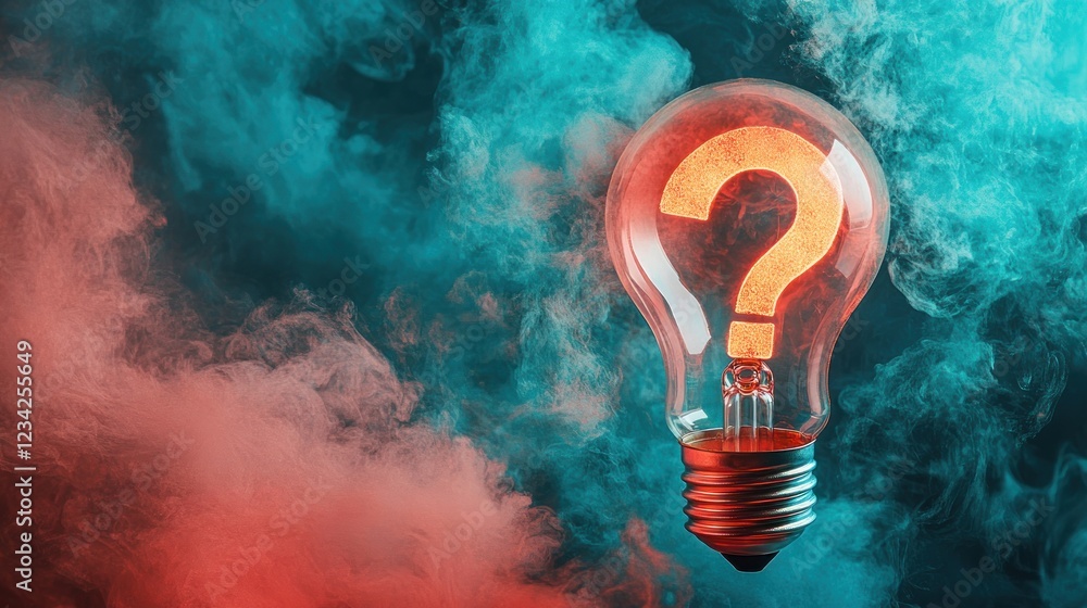 Poster light bulb with question mark illuminated in colorful smoky background