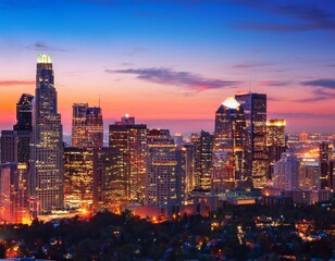 A modern city skyline at dusk with skyscrapers illuminated by colorful lights and a fading sunset in the background.