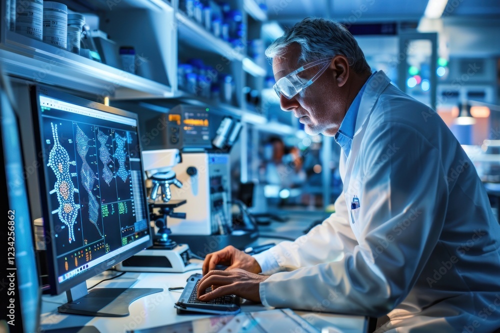 Poster scientist analyzing data in laboratory