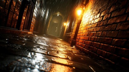 Mysterious Wet Alleyway With Cobblestones During Rainy Night Light Glow