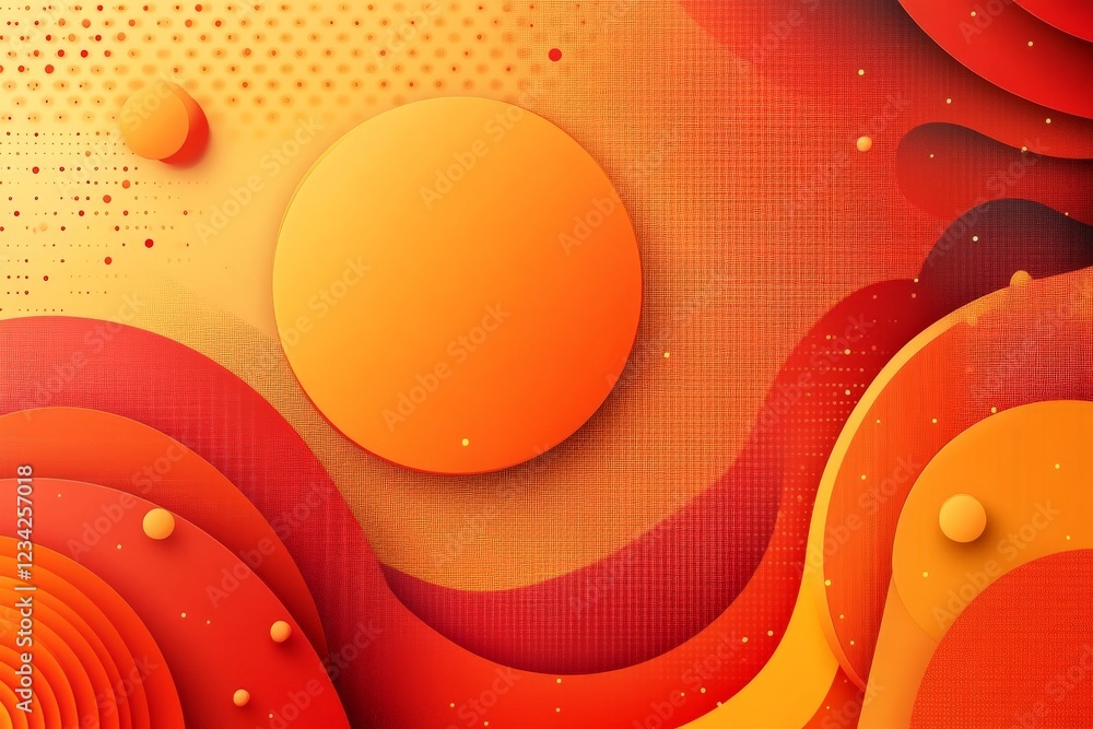 Poster Abstract design featuring vibrant orange and red shapes against a textured background with a sun-like element