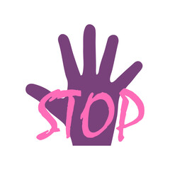 Logo feminismo. Día internacional de la mujer. Silueta de una mano con palabra STOP