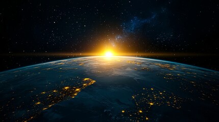Earth Sunrise From Space: Night Lights And Stars