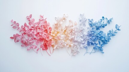 Fototapeta premium Pastel colored eucalyptus branches arranged on white background, flat lay, website design