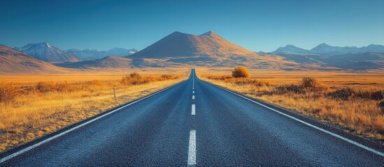 Empty asphalt road extending into a vast, golden autumn landscape with mountains in the background.