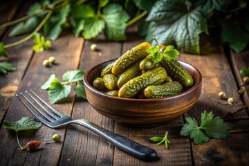 Crispy pickled gherkins gleam, doubled exposed with bowl and fork.