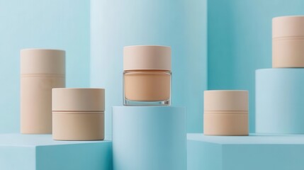 Bottles of makeup foundation and cushion,Collection of skin foundation bottles in different shades and samples on color background,makeup essentials,Cushion Foundation liquid and swatche,copy space.