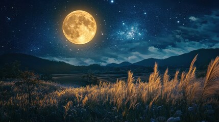 Naklejka premium Full moon and Japanese pampas grass in midnight,The harvest Miscanthus sinensis and full moon,beautiful night sky in the countryside with the perfect moon exudes beauty in the dark.