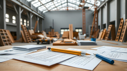 Indoor photo of contract. work. construction site. table. documents. Generative AI