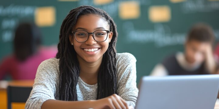 Smiling Student at Desk in Classroom