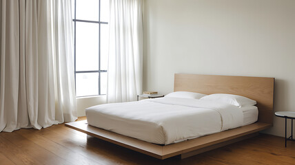 A simple bedroom with a minimalist headboard and neutral tones