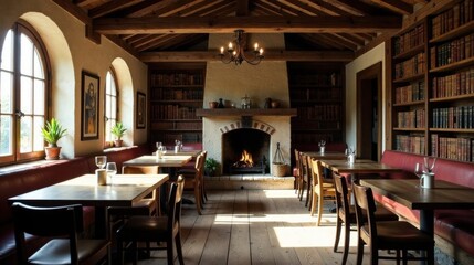 Rustic Dining Room with Cozy Fireplace and Extensive Book Collection Offers a Warm and Inviting Atmosphere for Relaxation and Conversation