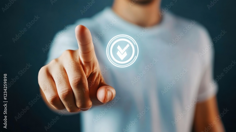 Poster Man Touching Digital Checkmark Symbol on Dark Background to Represent Success
