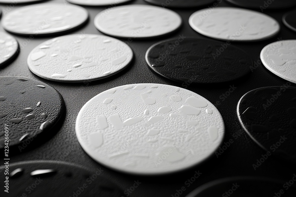 Aufkleber Black and white circular patterns creating a textured surface on a dark background in a modern artistic display