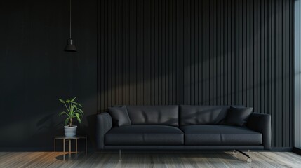 Modern living room interior with black sofa. black wall. and a potted plant on a side table