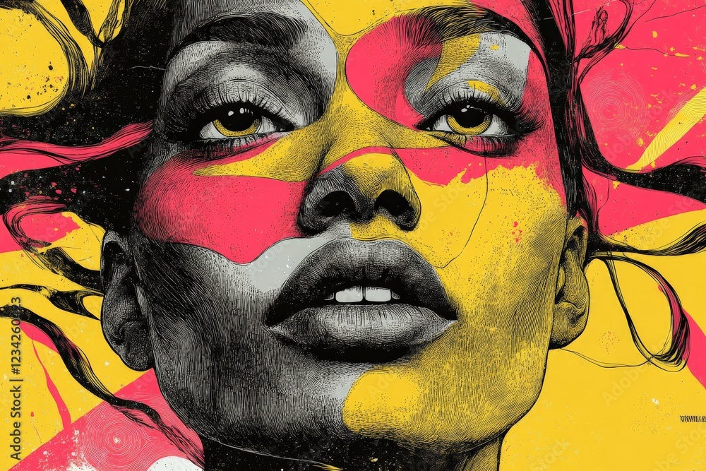 Poster vivid artistic representation of a woman's face with colorful abstract patterns in a contemporary st