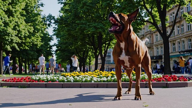 A muscular dog with bared teeth and raised hackles barking in a lush city park, people in the distance scattering nervously.