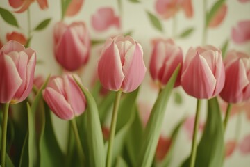 Fototapeta premium A bouquet of fresh pink tulips arranged in a decorative vase