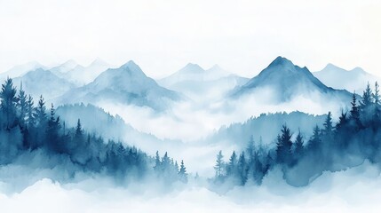 Fototapeta premium Watercolor of landscape forest misty mountains horizon and fog and hills,pine tree fir tree,Autumn forest background,drawn by hand,Autumn illustration design elements for landscape,wallpaper.