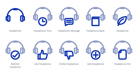 A set of 10 headphone icons as headphone, headphone time, headphone message
