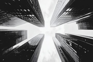 Fototapeta premium Looking up at modern skyscrapers in an urban setting under a cloudy sky