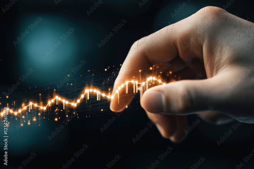 Poster Glowing Hand Interacting with Digital Data Graph in Futuristic Setting