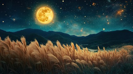Full moon and Japanese pampas grass in midnight,The harvest Miscanthus sinensis and full moon,beautiful night sky in the countryside with the perfect moon exudes beauty in the dark.