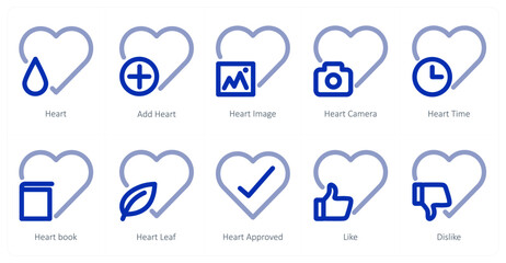 A set of 10 heart icons as heart, add heart, heart image