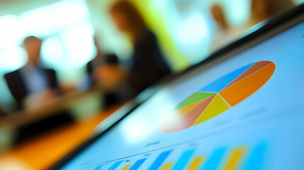 Business meeting discussing financial trends with colorful graphs and charts displayed on the table