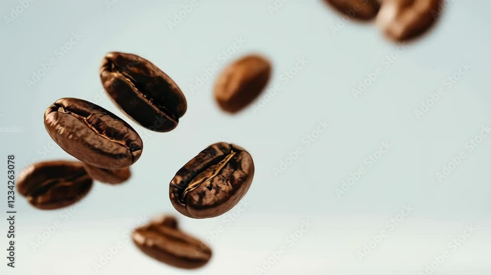 Poster roasted coffee beans are levitating on a light blue background, creating a visually appealing and dy