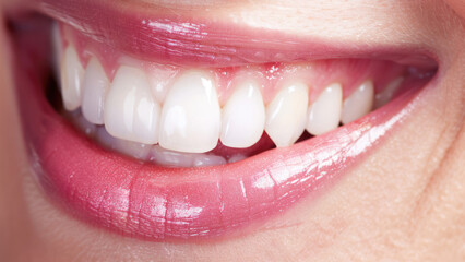 Beautiful Lips with Glossy Finish Showcasing Perfectly Aligned Teeth
