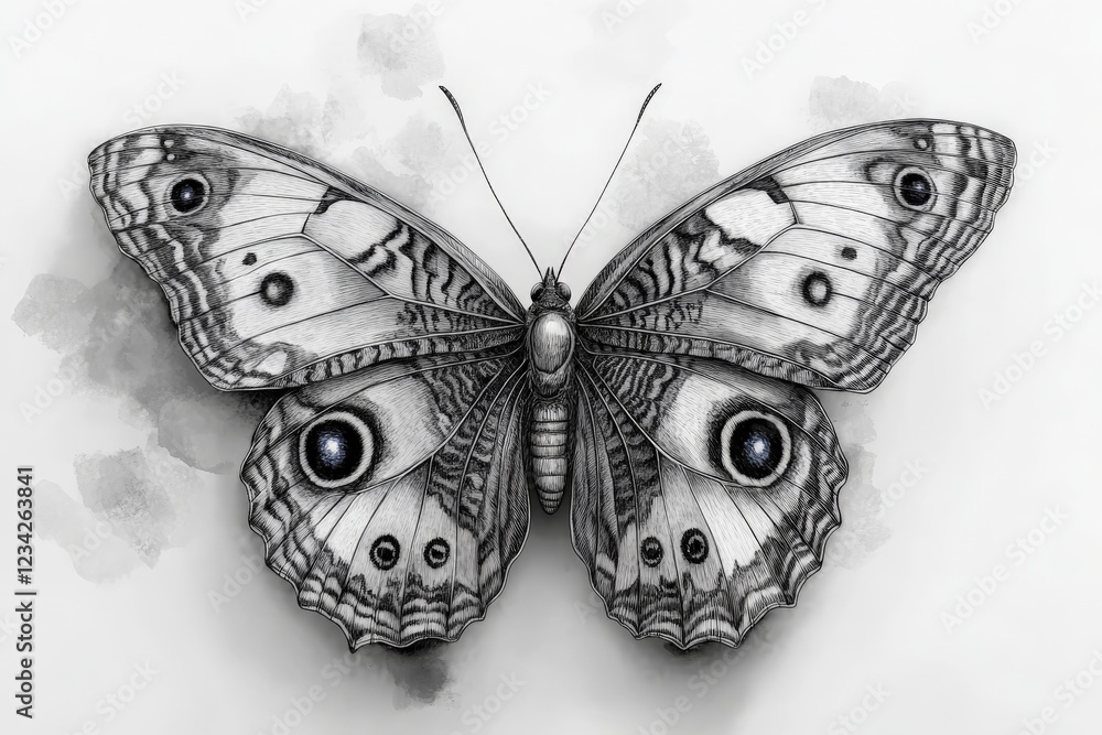 Aufkleber intricate black and white drawing of a butterfly with detailed patterns and artistic shading techniq