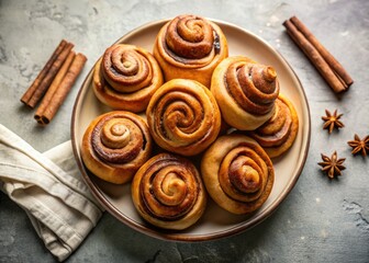 Fototapeta premium Golden cinnamon rolls, minimalist style. Sweet pastry perfection. Food photography at its finest.