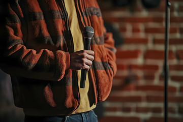 Comedian preparing to perform on stage at a local venue during a comedy night event