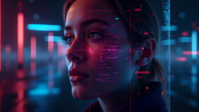 Woman face with digital overlay and neon light bokeh