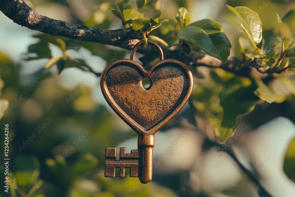 Poster a heart-shaped key hangs from a tree branch, possibly as a symbol or token
