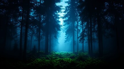 Enigmatic Dark Blue Forest Path at Night