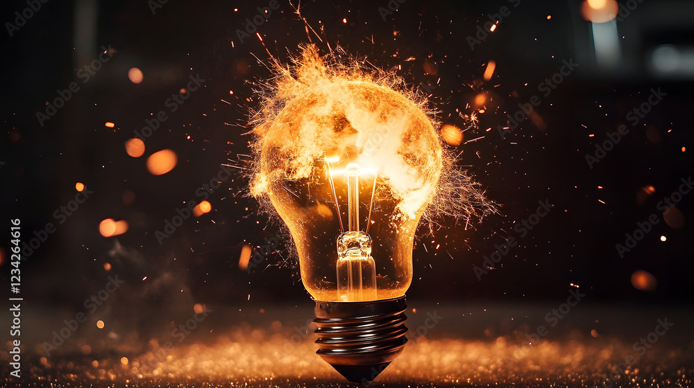 Poster a dramatic scene with a light bulb exploding, sending a burst of vibrant sparks and particles into t